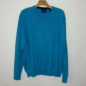 Alan Flusser Cotton Silk Cashmere‎ V Neck Blue Sweater Men’s L Soft Pullover